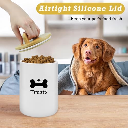 Dog Treat Container Airtight - 5 Inch Wide x 8.7 Inch White Ceramic Dog Treat Jar for Kitchen Counter, Doggie Cookie Jar with Airtight Bamboo Lid - Farmhouse Style Dog Food Storage Container