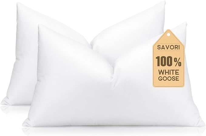 SAVORI 14x24 Lumbar Pilow Insert, Set of 2 Down Feather 14x24 Euro Pillow Inserts, Soft Fluffy Sleeping Pillow with 100% Cotton Cover, Decorative Throw Pillows for Couch Sofa Bed-White