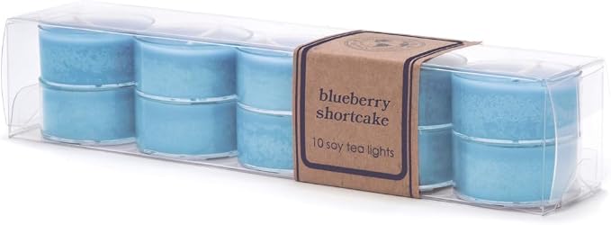 Eco Candle Co. Blueberry Shortcake Tea Light Candles, 10-Pk, 9 Hr Burn Time | Scents of Blueberries & Shortcake, Recyclable Plastic Cups, No Lead, Hand Poured, Midwest Grown Soybeans, .6 oz. Each