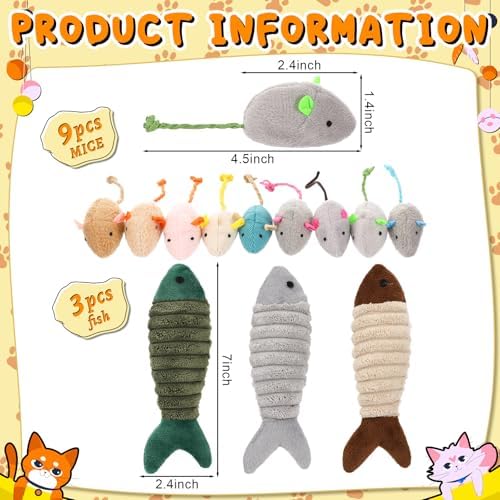 Leitee Cat Toys Bulk Plush Mice Set Fish for Indoor Kittens Puppies