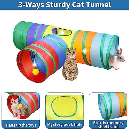 Malier Cat Toys Kitten Toys Set, Collapsible Cat Tunnels for Indoor Cats, Interactive Kitty Toys Cat Feather Toy Fluffy Mouse Crinkle Balls 3 Way Tube Tunnel Toys for Puppy Kitty Kitten