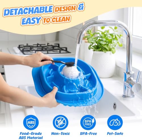 2-in-1 Slow Feeder Dog Bowl with Rolling Ball, Interactive Lick Bowl Toy for Dogs & Cats, Anti-Gulp Maze Feeder with Suction Base for Wet Food, Bone Broth & Treats, Anxiety Relief Enrichment Toy-Blue