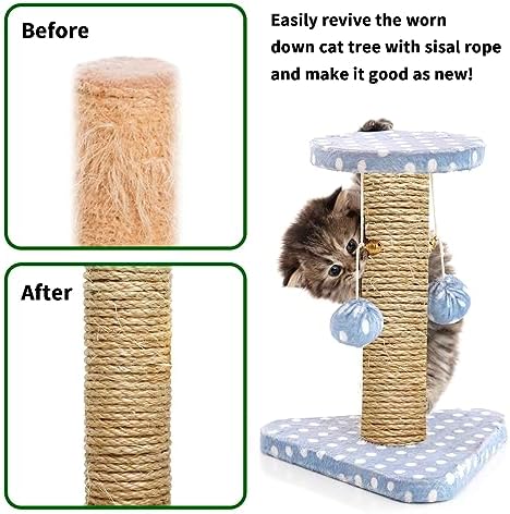 Cat Natural Sisal Rope 1/4 Inch 6mm 98-Feet for Cat Scratching Post Tree Tower Replacement Repair and Replace, DIY Hemp Twine Rope for Cat Scratching Furniture Window Perch and Crafts Gardening