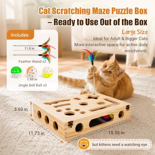Cat Scratch Puzzle Enrichment Box, Wooden Interactive Toy for Indoor Cat