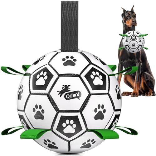 QDAN 10 Inch Gaint Dog Soccer Ball with Straps, Durable Large Dogs Balls | Outdoor Big Dog Toys, Herding Balls for Large Dogs, Puppy Toy for >100 lbs Dogs, Interactive Training Soccer, Pool Water Toy