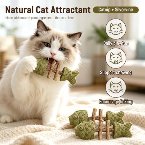 3 PCS Catnip and Silvervine Chew - Natural Catnip & Silvervine Teeth Cleaning Stick, Fishbone-Shaped Cat Dental Toy for Chewing, Licking, Pawing, Boredom Relief & Enrichment for Cats