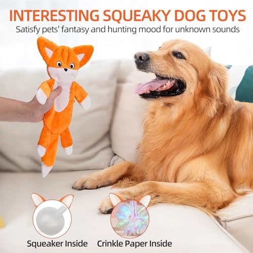 PAWCHIE Squeaky Dog Toys for Small Medium Large Dogs, No Stuffing Crinkle Puppy Toy,Soft Pet Plush Teething Toys 2 Packs Mess-Free Interactive Chew Toy Fox Rabbit Shape for Boredom Best Birthday Gift