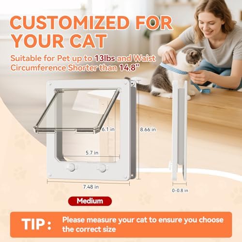 LIBBEPET Thin Interior Cat Door, 4 Way Locking Flap for Cats ≤13 lbs，Medium | Fit Doors 0"-0.8" Thick, Outer Size 7.5"x8.7", Anti Escape Rotating Lock, Magnetic Auto-Reset Flap, Weatherproof Brush Strips
