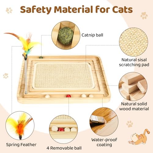 Sisal Cat Scratcher Pad with Ball Track, Wooden Interactive Cat Puzzle Toy
