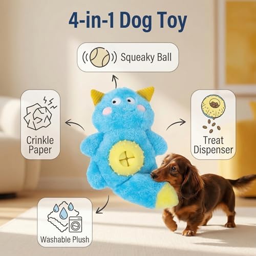 Cute Monster Plush Dog Toy with Squeaky Ball, Crinkle Paper, Treat Dispenser & Washable Design, Interactive Stuffed Chew Toy for Small Medium Dogs, Puppy Teething Toy (Pink)