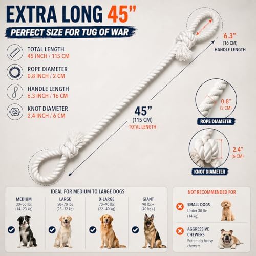 Cotton Dog Rope Toy with Dual Handles 45" Extra Long Tug Toy for Medium to Large Dogs, Durable Interactive Tug-of-War, Teeth Cleaning, Indoor Outdoor Play, White