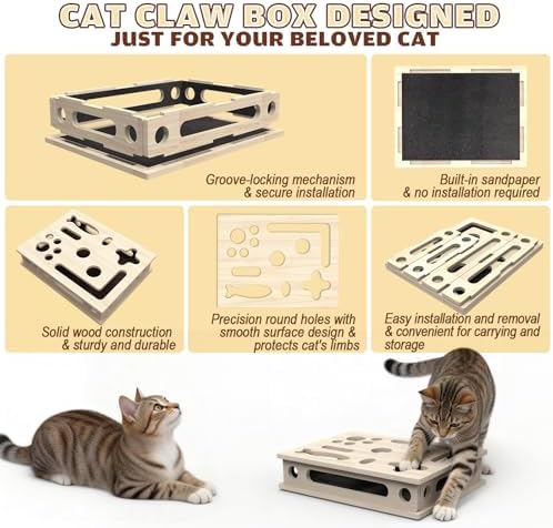 Cat Scratch Puzzle Enrichment Box, Large Solid Wood with Sandpaper Inside