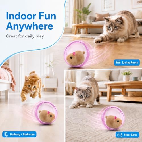 Self Rolling Interactive Cat Ball, Automatic Moving Cat Toy with Plush Animal Inside, 360° Rolling Cat Chasing Ball with Transparent Ball for Cats Dogs Small Pets (Pink,Brown Mouse)