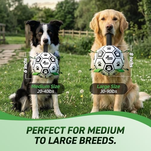 QDAN 2 PCS Dog Toys Soccer Ball Set with Straps, Interactive Dog Toys for Tug of War, Puppy Birthday Gifts, Dog Water Toy, Durable Dog Balls for Medium & Large Dogs（6 & 8 Inch）