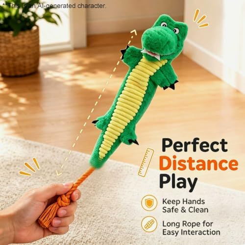 Dog Rope Toy Plush Squeaky Chew Tug of War Toy - Green Alligator
