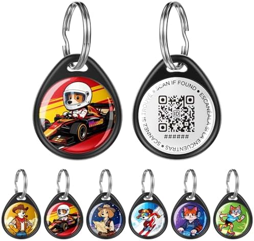QR Code Dog Tag and Cat Tag, Scan to Reunite Faster, Waterproof and Durable, Lightweight and Quiet, Updatable Contact Info, with Eye-Catching Pet Character Design, Black-Racecar Driver