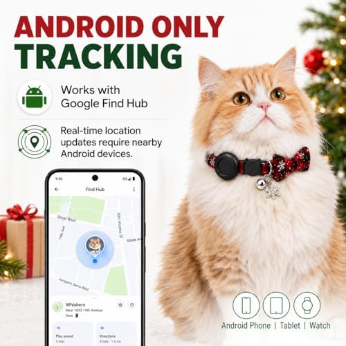 Cat Tracker GPS for Android, Pet GPS Tracker Collar for Cats No Subscription, IP67 Waterproof Cat Collar with Tracker Compatible with Google Find Hub – Replaceable 1-Year Battery, Android Only (Red)