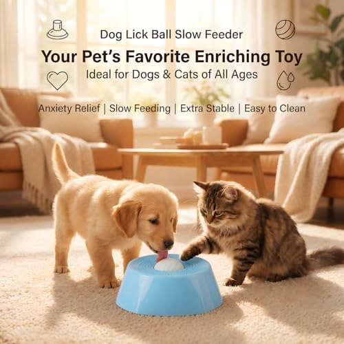 Dog Lick Ball Slow Feeder, Rolling Sphere Interactive Pet Toy with Suction Cups, Calming Slow Feeding Bowl for Liquid Treats & Peanut Butter, Anxiety Relief Licking Toy for Dogs & Cats（Blue