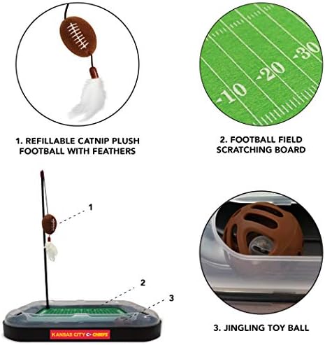 Pets First Cat Plush Toy KANSAS CITY CHIEFS FOOTBALL FIELD CAT SCRATCHER TOY with CATNIP Filled Plush FOOTBALL Toy & Feather Cat Toy hanging, Jingle Bell INTERACTIVE BALL Cat Chasing 5-in-1 KITTY Toy