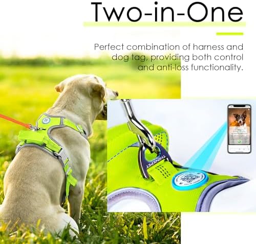 ThinkPet No Pull Harness Breathable Sport Harness with QR Code Dog Tag Reflective Dog Harnesses Smart ID Tagwith Handle Adjustable for Medium Large Dogs Back/Front Clip for Easy Control S Green