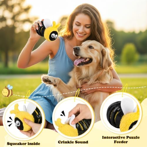 4 Pack Dog Squeaky Toys, Bee Interactive Toys Set, Natural Rope Tug Toy, Crinkle Flying Disc, Tennis Ball ，Puzzle Feeder, Safe Durable Dog Toys for Small Medium Dogs Indoor Outdoor Play