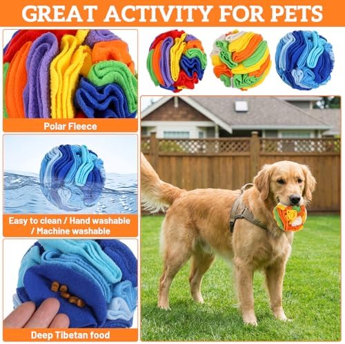 3 Packs Snuffle Ball for Dogs - Sniffle Interactive Treat Ball, Stress Relief, Slow Feeder, Puzzle Toy for Small Medium Dogs Cats, Soft Polar Fleece, Rainbow, Vitality Orange & Ocean Blue, 5.9 Inches