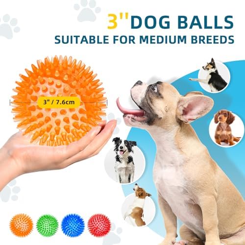 SHARLOVY 3'' Squeaky Balls for Small Dogs, 4 Spiky Dog Balls for Teething
