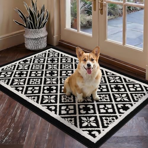 Ileading Indoor Door Mat, Absorbent Muddy Mats for Dogs, Low-Profile Entrance Welcome Mat with Non-Slip Rubber Backing, Washable Runner Carpet for Hallway,Entryway,Kitchen (Black 32x48in)