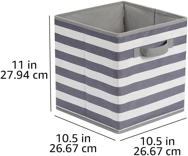 Amazon Basics Collapsible Fabric Storage Bins with Handles, Cube Organizer for Home Organization, White/Light Grey Stripe, 10.5"x10.5"x11" (Pack of 30)