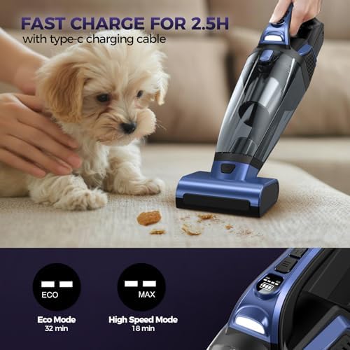 Pet Hair Handheld Vacuum Cordless: 20000PA Rechargeable Car Vacuum Cleaner | High Power Vacuum with Motorized Brush and LED Light, Hand Vacuum Cleaner with Reusable Filter for Car, Home, Office & Pet