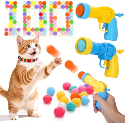 Mity rain 102PCS Cat Ball Launchers & Pom Pom Balls Interactive Cat Toy Set