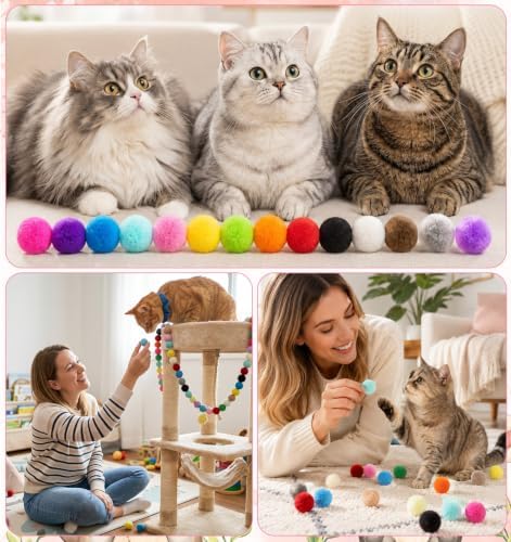 100 PCS Pom Pom Balls for Cats, Multicolor Fuzzy Balls for Cats