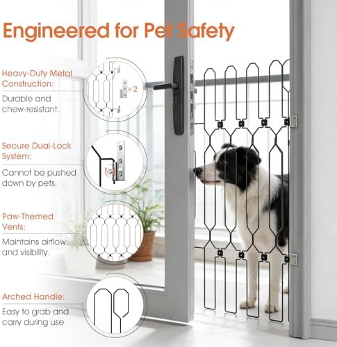 Metal Retractable Dog Gate for Front Door, Adjustable Pet Barrier & Door Blocker, Foldable Gate for Apartments, RVs, Indoor and Outdoor Use, 26” x 30”