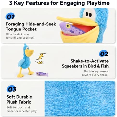 Squeaky Dog Plush Chew Toy Set, Interactive Tug Squeaky Toy for Chewers, Medium&Large Dogs&Fetch Play, 20.5 in Stuffed Bird with Bonus Fish Toy&Treat Storage Beak for Gentle Gum Care & Boredom Relief