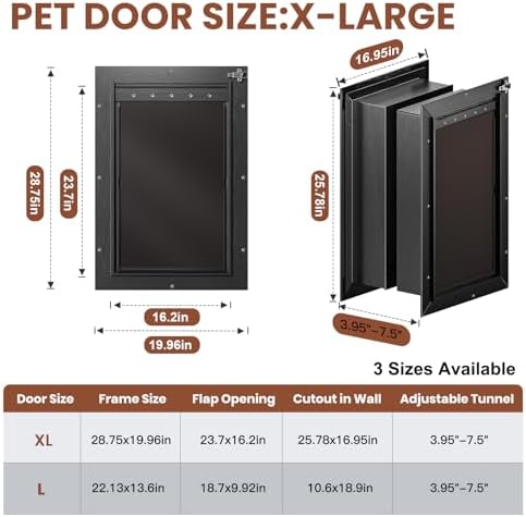 3-Flap Insulated Aluminum Extra Large Dog Door for Wall | Heavy-Duty Telescoping Tunnel, Magnetic Design, Dual Security Locks & Closing Panel, Dustproof, Rustproof, Pets Up to 220 lbs