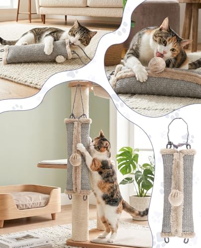 16.5" Sisal Catnip Kicker Toy for Indoor Cats,Heavy Duty Cat Scratching Pillow with 24" Bonus Rope,Washable & Refillable Catnip Toy for Aggressive Kickers,Chewing & Teething, Sisal Mat Texture (Grey)