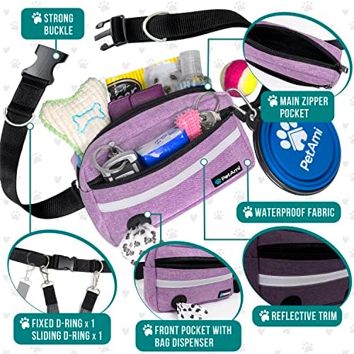 PetAmi Hands Free Dog Leash Waist Belt Bag Fanny Pack, Double, Purple