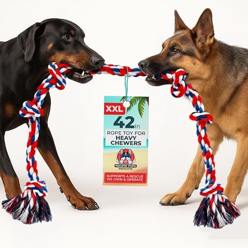 Pacific Pups Products XXL Dog Rope Toy for Large Dogs, 42 Inch, 6 Knot, Red