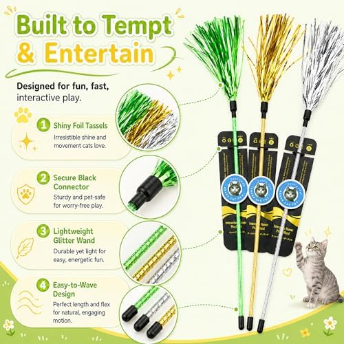 ADUCK Tinsel Cat Wand Toys for Indoor Cats, Interactive Kitten Toys, 3 Pack