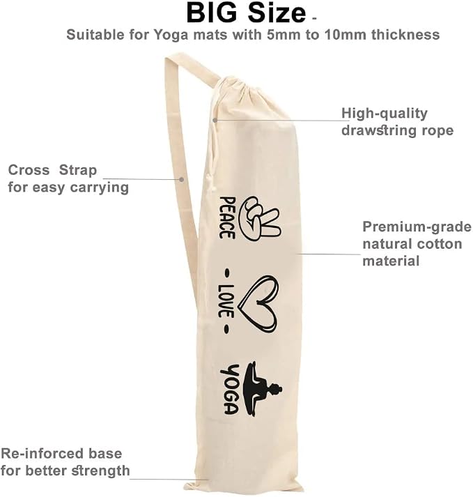 Mayatra's Organic Large Yoga Mat Tote Bag Cover -100% Cotton Lightweight,Washable Yoga Dust Bag With Adjustable Strap Unisex, Peace