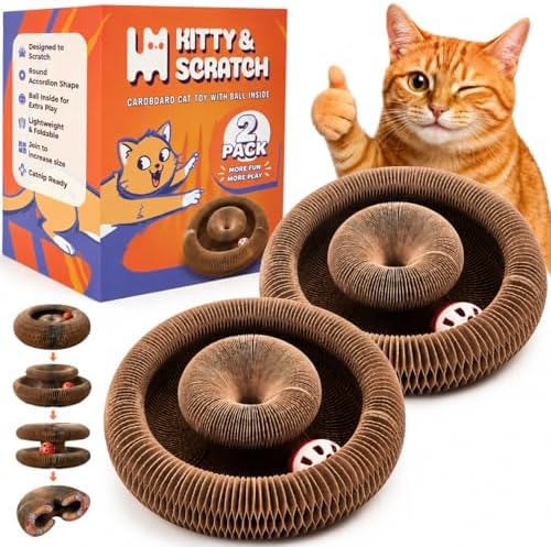 Kitty&Scratch Cat Scratcher Toy | Cardboard Cat Toy with Ball Track with Bell | Kitty Kurlz | Kitty Curls Style Accordion Toy (2 pcs)