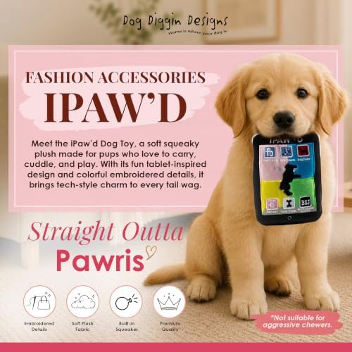 Dog Diggin Designs iPaw’d Plush Dog Toy | Luxury-Inspired Parody Smartphone Dog Toy with Squeaker, Soft Plush Novelty Dog Toy – Modern Fashion Accessories