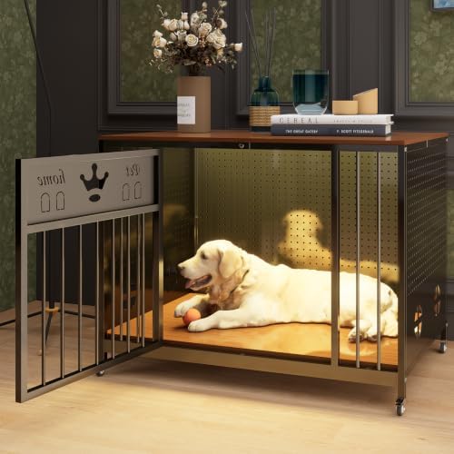39"Iron Pegboard Dog Kennel Furniture with Solid Wooden Top & RGB LED Light