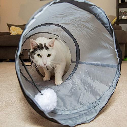 PetLike S Cat Tunnel Collapsible Pop-up Pet Tube Hideaway Play Toy with Ball (1 Way, Grey)