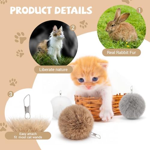 18 Pack Natural Rabbit Fur Cat Toy Refills, Mouse Tail Fur Ball Shaped Cat Toys, Interactive Cats Wand Toy Replacement Head with Secure Connector (Pom Pom)