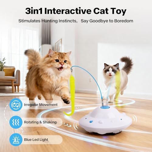 Pet Prime 3-in-1 Interactive Cat Toy with 6 Replaceable Attachment - Automatic USB Rechargeable Self Moving Cat Toy for Bored Indoor Kittens and Adult Cats