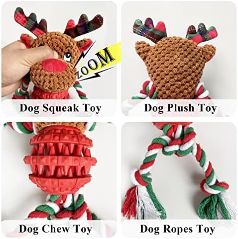 Dog Christmas Toys for Small Medium Large Dogs, Squeaky Plush Dog Toys + Interactive Dog Toys + Dog Rope Toys Multi Function Cute Reindeer Puppy Toys for Christmas