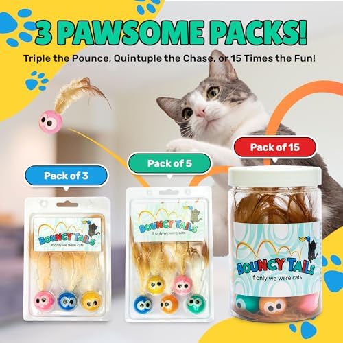 Bouncy Tails 3-Pack Cat Ball Toy with Natural Feathers, Interactive Cat Toys for Bored Indoor Adult Cats, Feather Cat Toy for Indoor Cats and Playful Kittens
