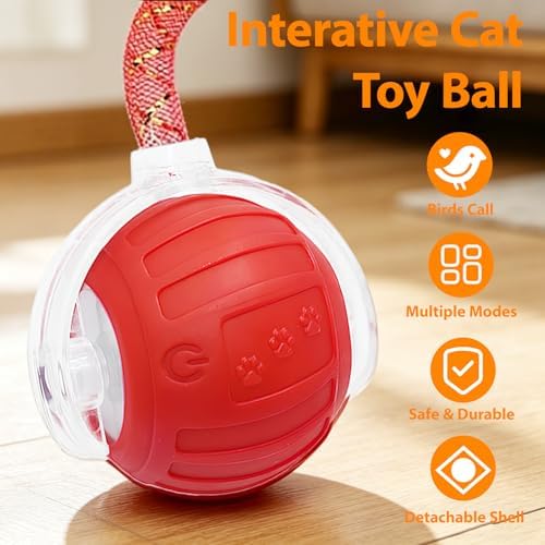 Interactive Cat Toys Ball for Indoor Cats, Automatic Self-Rolling, Motion-Activated, Bird Chirping Cats Dogs Ball Toy with Elastic Mesh Tail, Cat Enrichment Toys for Indoor Cats (Red)