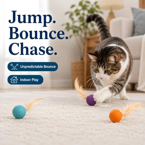 Bouncing Balls for Cats with Natural Feathers, 6 Pack Interactive Cat Toys